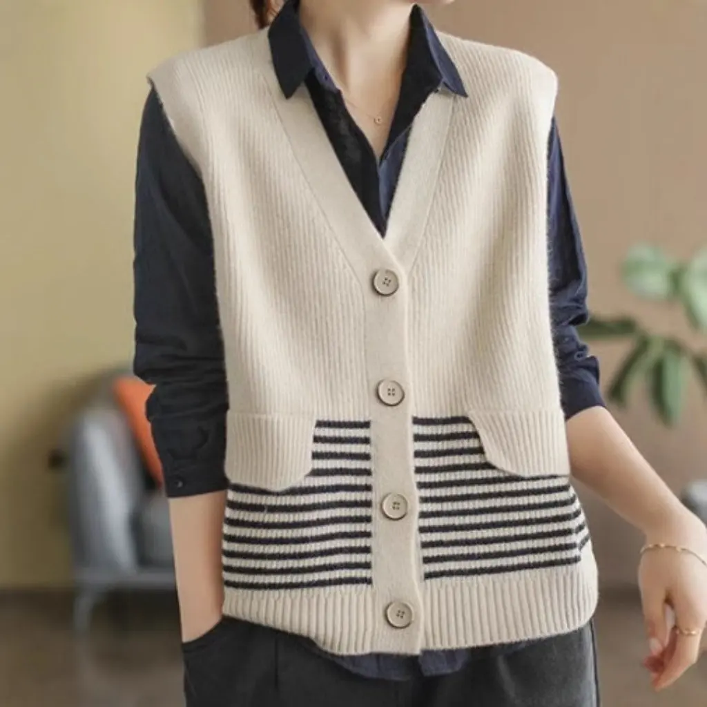 

Women's Vintage Striped V-neck Vest Sleeveless Knitted Cardigan Loose Stitching Jacket Spring Autumn New