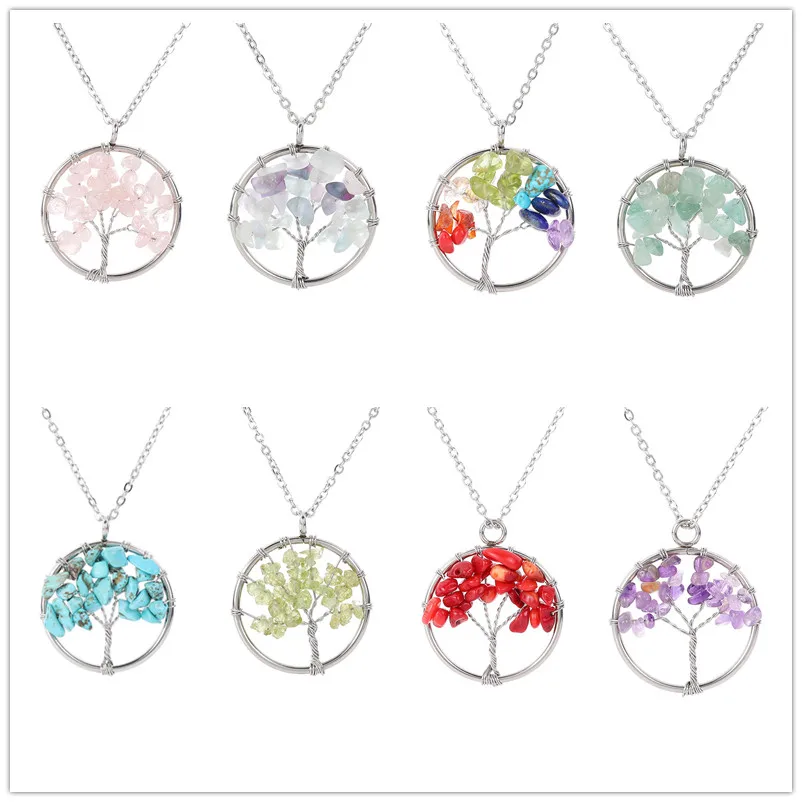 

12pcs 30mm Wire Wrap Chip Stone Beads Tree of Life Natural Pendant Fluorite Healing Crystal Charms Necklace Jewelry Wholesale