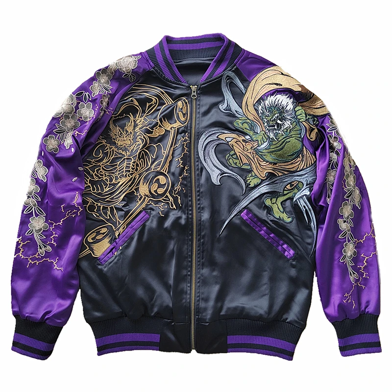 NOWOŚĆ Fujin vs Raijin Purple Men Boys Heavy Work Embroidered Sukajan Souvenir Jacket High Street Wysokiej jakości płaszcze Jesień Wiosna