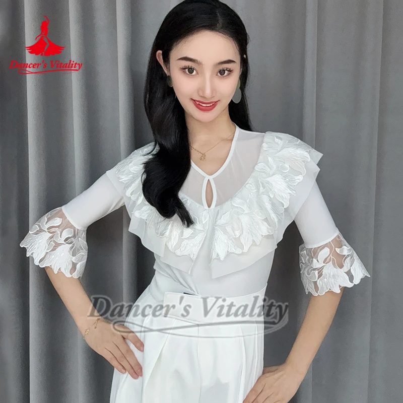 Top da allenamento a mezze maniche con ricamo standard per sala da ballo, valzer latino per adulti, tango, rumba, pratica professionale, tuta da ballo