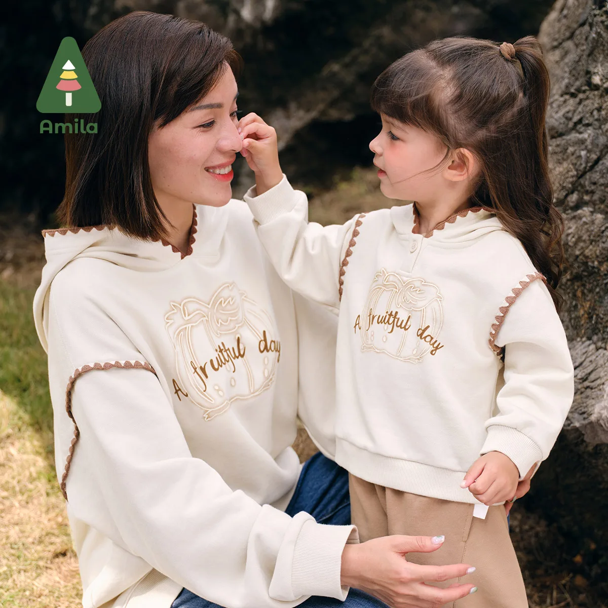 Amila Mother And Daughter Sweatshirt 2024 Autumn New Color Contrast Hooded Cotton Soft  Warm Loose Casual Parent-Child Wear