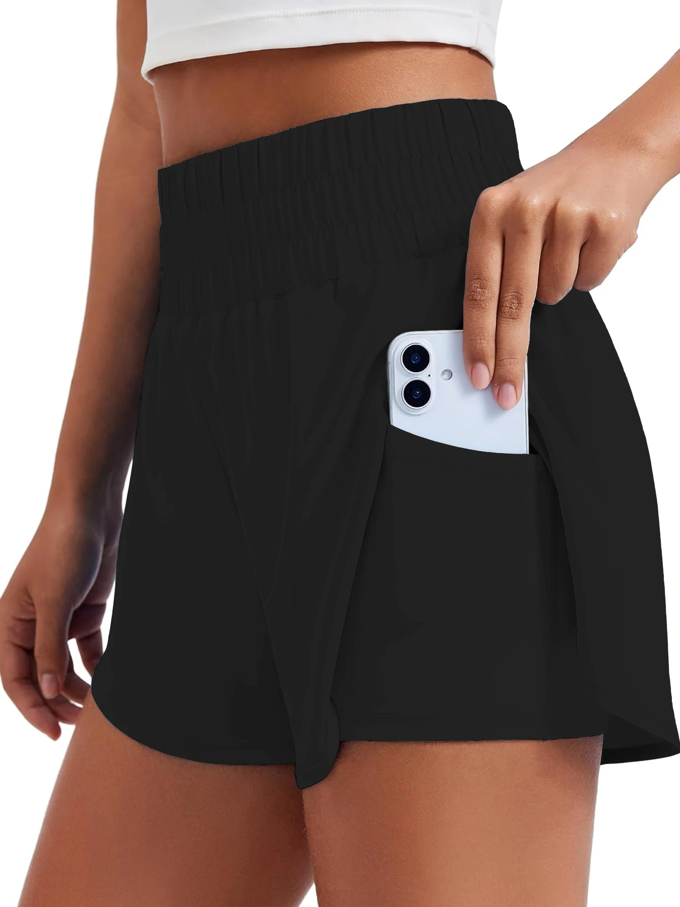 

Women's high-waisted yoga and running fake two-piece shorts with anti-exposure design, slimming effect for gym use