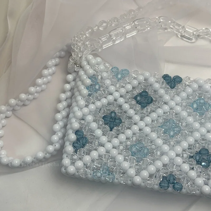 Blue Lingge Design Handmade Beaded Bag Handwoven Acrylic Crystal Women\'s Shoulder Bags Fashion New in Handbag Customization