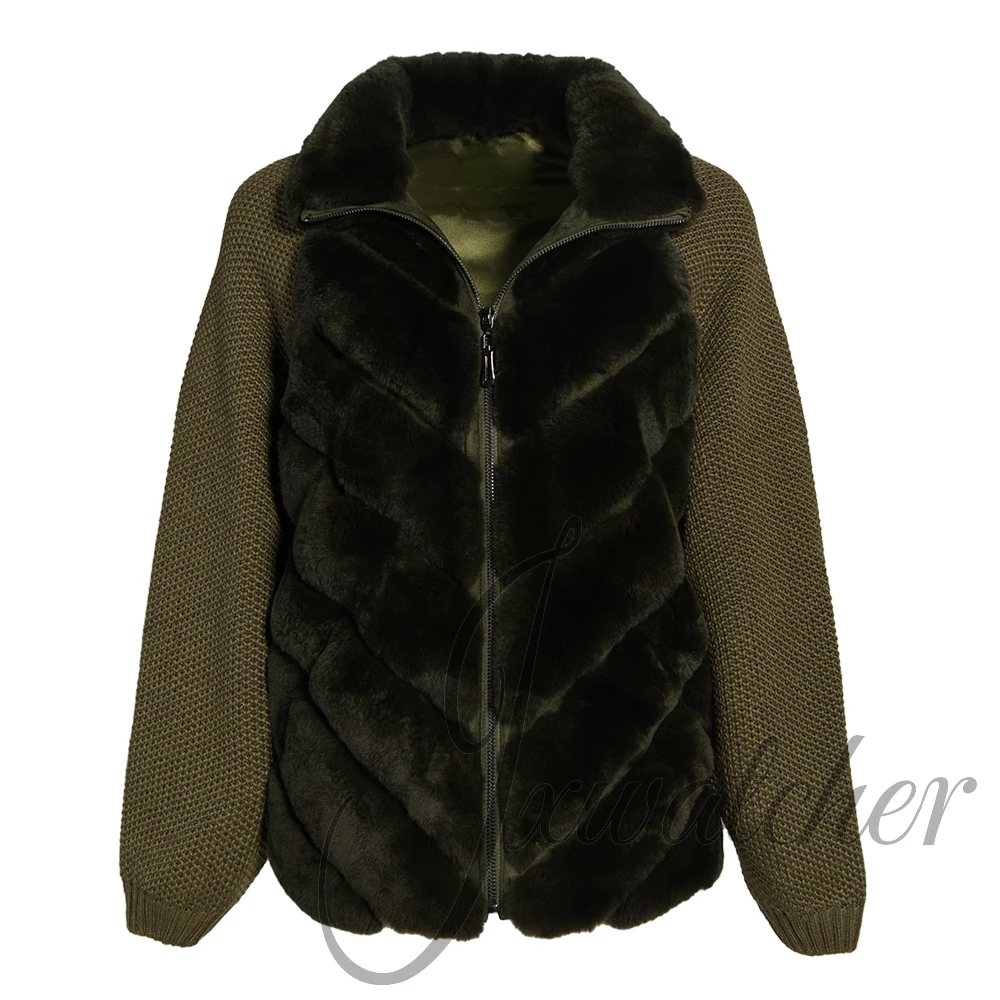 معطف نسائي من الفرو الحقيقي من Jxwatcher بأكمام محبوكة سترة من فراء الأرانب الطبيعي 2025 تصميم جديد لشتاء معاطف فرو دافئة للسيدات