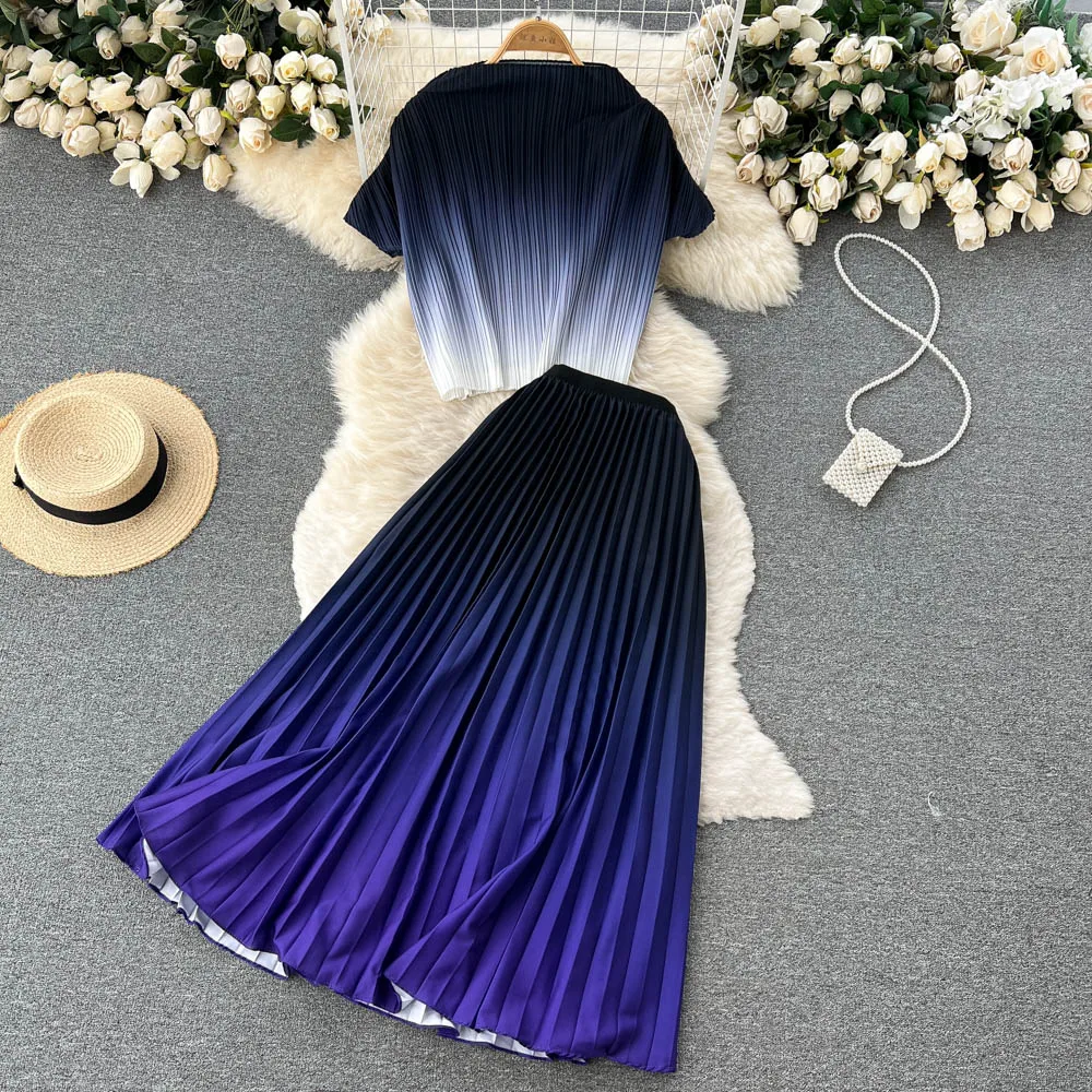 2024 New Summer Women Sets Fashion Gradient Color Short Sleeve Short Top And High Waist Pleated Long Skirt Two Piece Set