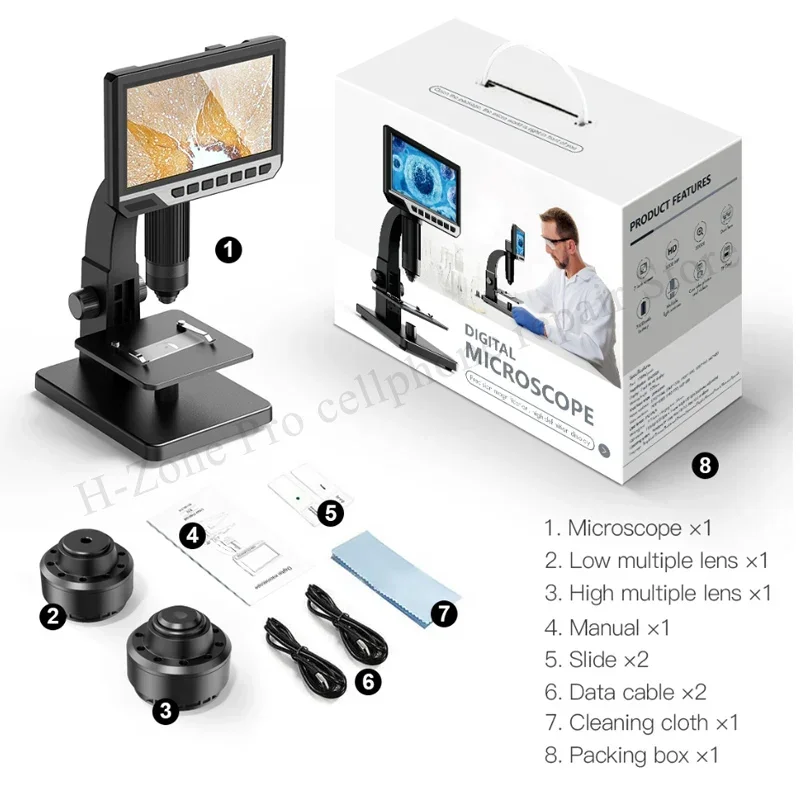 Imagem -04 - Ips Tela 2000x Digital Industrial Duplo-lente Microscópio com 11 Luzes Led para a Observação Microbiana o Mais Novo 12mp hd 7-inch
