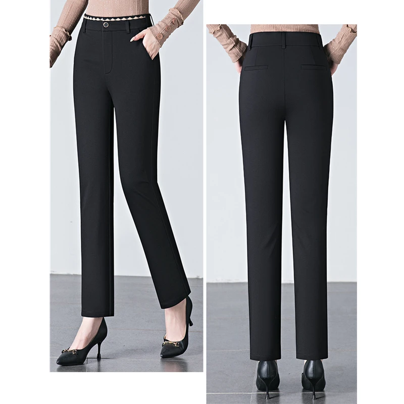 Women's Casual Pants in Nylon Cotton Fabric, Elastic Waist Straight-leg Trousers, Black and Khaki Color Can Be Chosen.