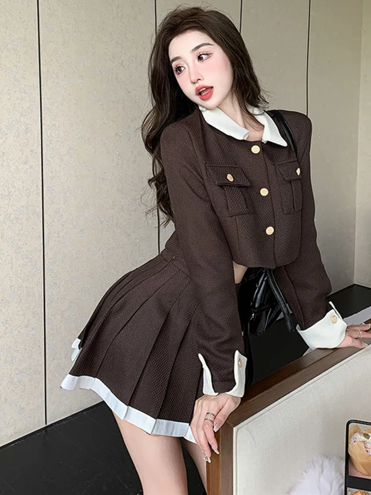 Tweed Ensemble Femme Vintage Collision Color Crop Blazer Skirts Suit Female Long Sleeved Jacket Pleated Skirt conjuntos de mujer