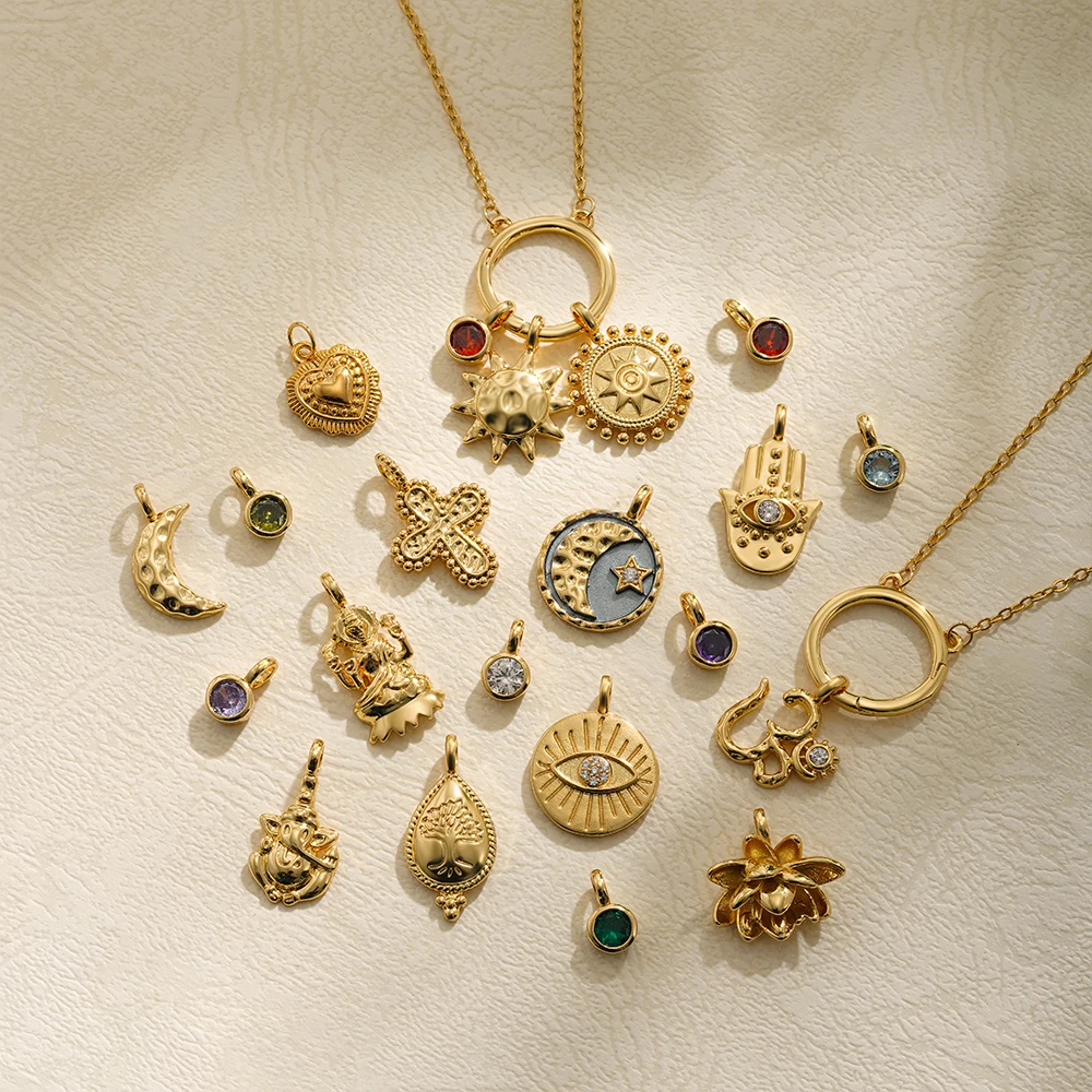 Vintage 18k Gold-Plated Women's Necklace with Moon Star, Sun, Evil Eye Amulet, Multiple Charms, Birthstone DIY Jewelry Pendant N
