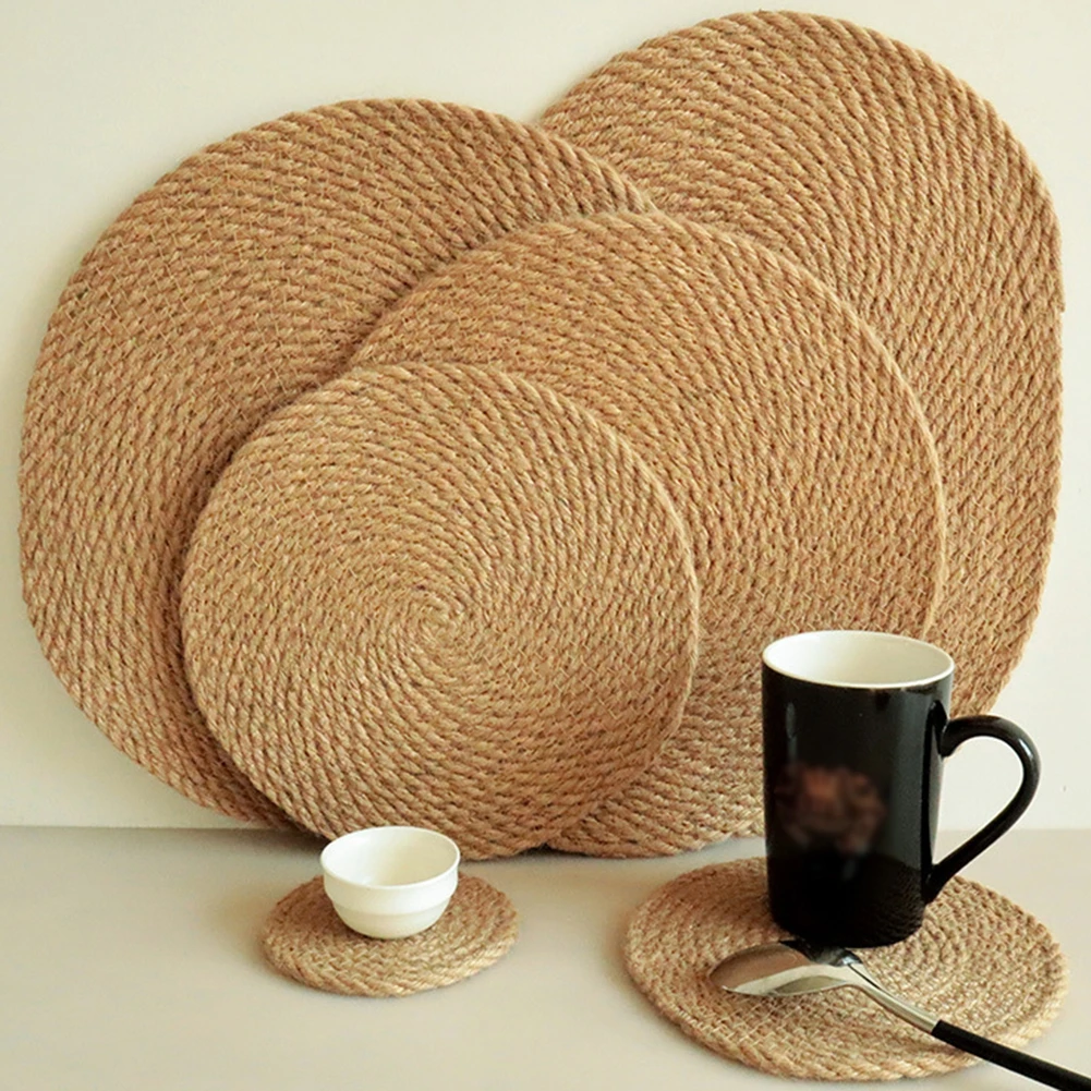 Japanese Style Jute Placemat Hand-woven Cotton Rope Dining Table Mat Insulation Pad Disc Bowl Pads Pot Holder Drink Cup Coaster