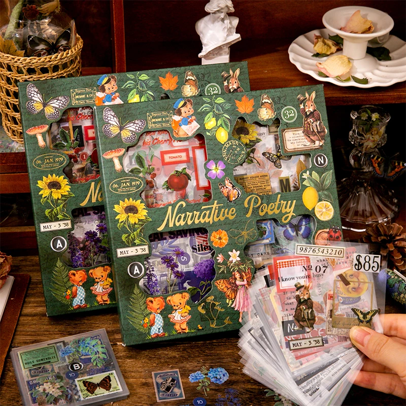 

100 Pieces of Vintage Decorative Stickers - Cute Cartoon Animals, Plants, and Poetry Design Stickers, Self-Adhesive, Suitable for Scrapbooks, Journals, Notebooks, and Calendar DIY Planner Stickers