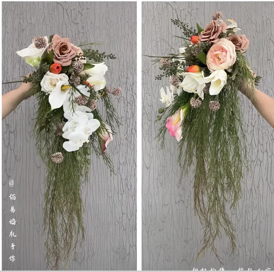 

Oil painting retro hot waterfall holding flowers for wedding artificial flowers Bride's license flower photography props artific