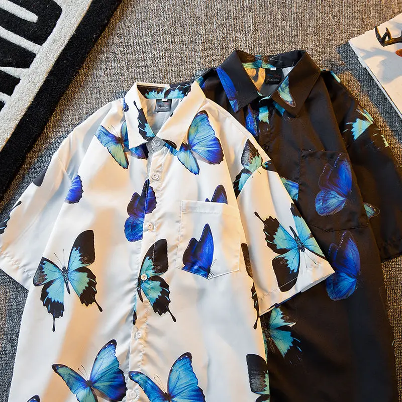 Men's new summer floral shirt men's high-end butterfly printed loose fitting shirt shirts for men