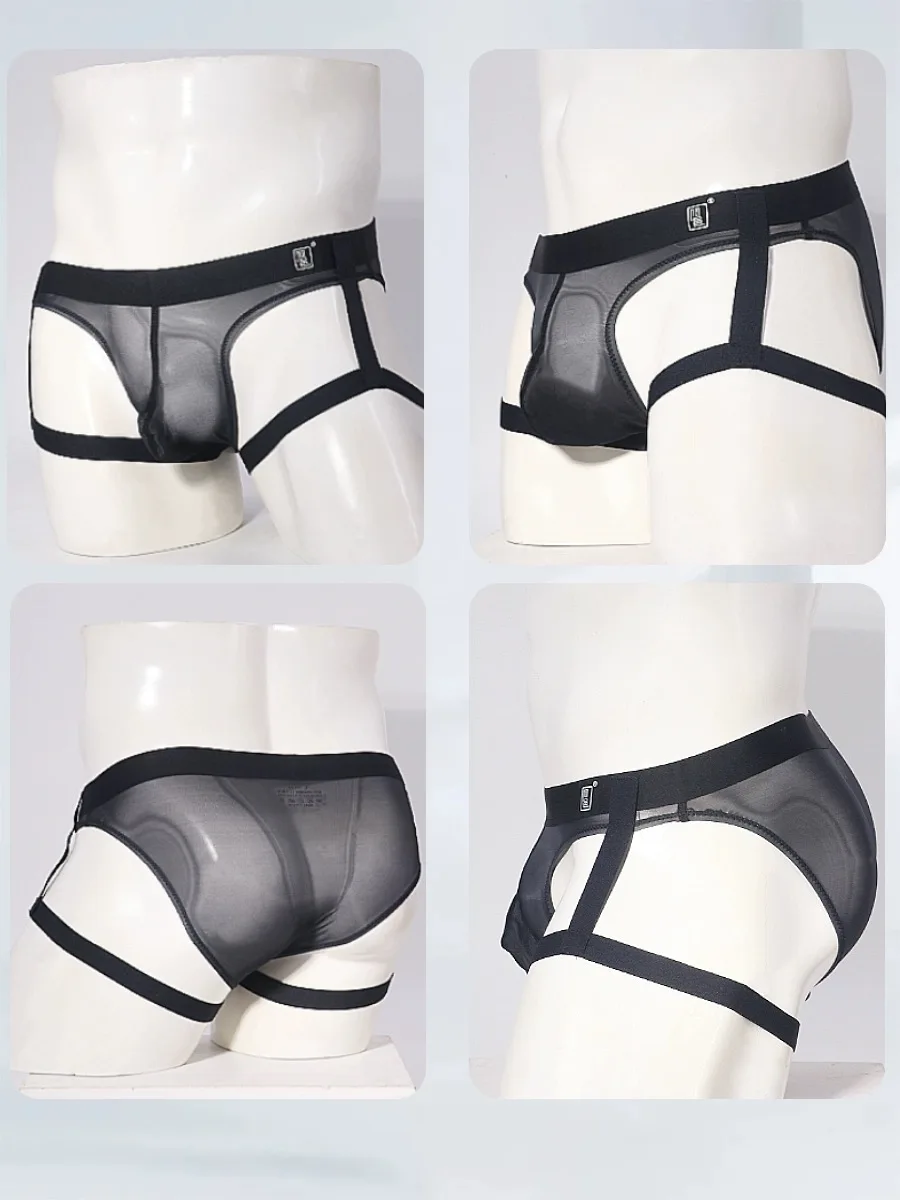 Men's triangle underwear, ice silk briefs suspender strap formal U-shaped ultra-thin personalized low waisted large bag