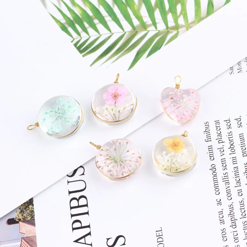 6pcs Diy Jewelry Heart Round Crystal Eternal Life Flower All Over The Sky Star Color Dry Flower Earrings Pendant Charms Material