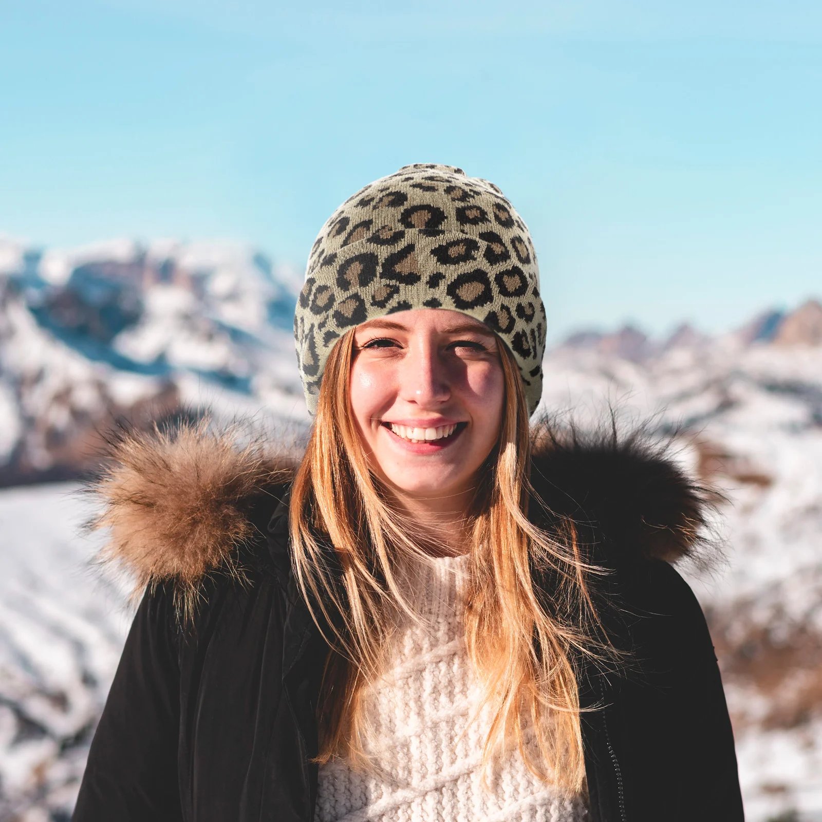 

Woman Knit Beanie Warm Knitted Hat Camel Leopard Pattern Soft for Winter Autumn Fashion Woman Knitted Hat