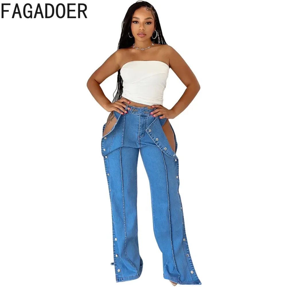 FAGADOER Fashion Hollow Out Denim Pants Women Double Side Buttons High Waist Wide Leg Jeans Pants Hot Girl Streetwear Bottoms