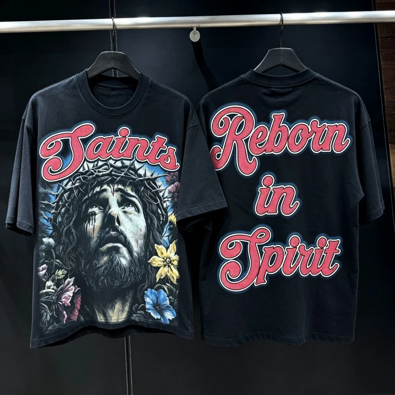 Summer Men Women Saint Tshirts Thorns Flowers Tears Jesus Print Red Hotfix Rhinestone Letter Short Sleeve Hiphop Streetwear Tops