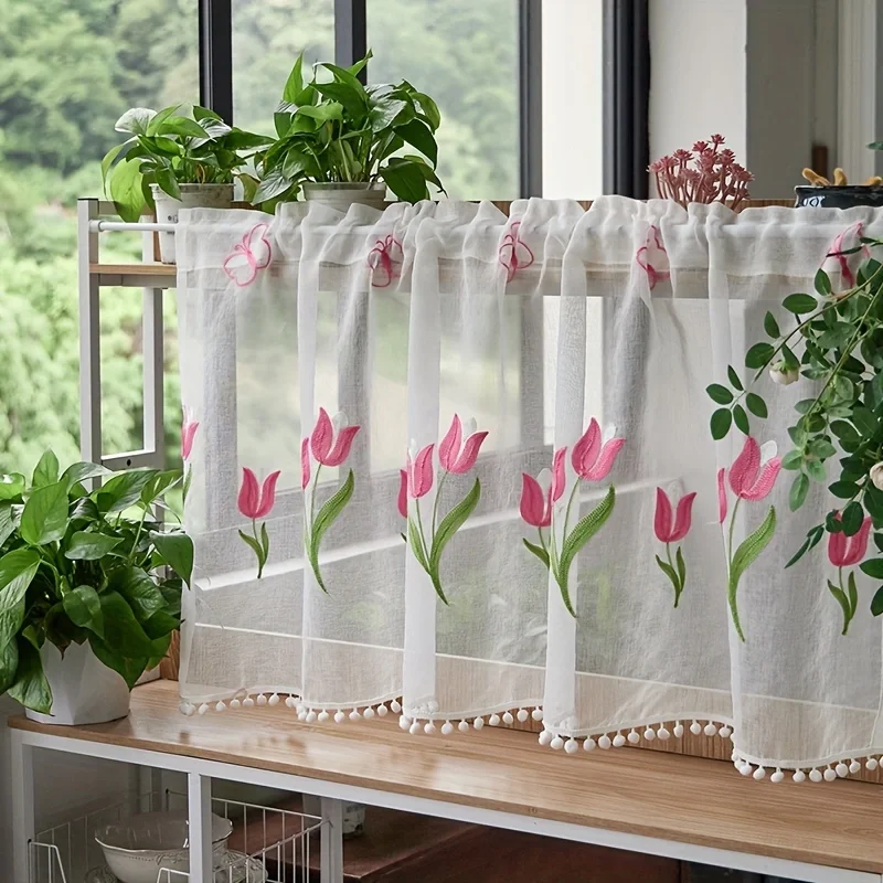 Pink Tulip Embroidered Ball Short Curtain Living Room Kitchen Cabinet Decorative Partition Curtain