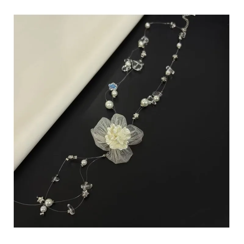 

Fairy Mesh Yarn Flower Pearl Multi-layer Necklace Neck Sweet Temperament Small Fresh Neck Chain Niche Design Necklace