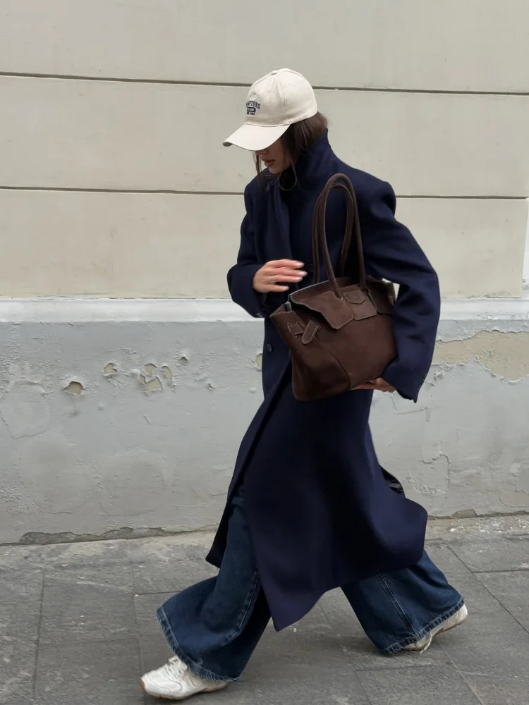 

Fashion Women Navy Soid Lapel Woolen Overcoat Single Breasted Full Sleeve V-neck Loose Long Coat 2025 Lady Winter Street Coats