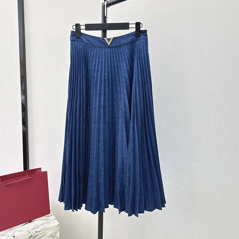 

Runway Summer New 100% Cotton Denim Pleated Skirt For Women Trendy Elegant High Waist Retro Maxi Skirts High End Y2K Clothes 24