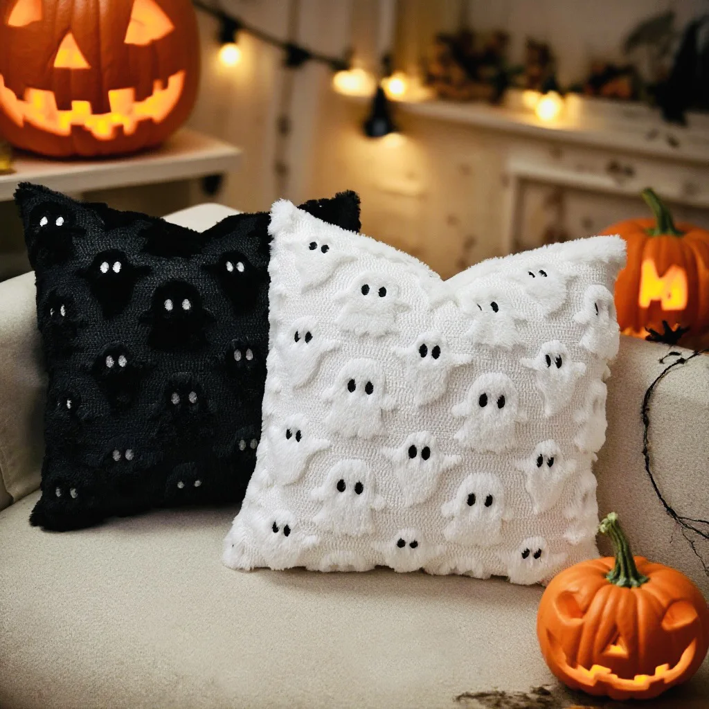 

2Pcs Halloween Ghost Decorative Pillow Covers, Soft Plush Farmhouse Throw Cushion Cases for Fall Autumn Holiday Home Decorations