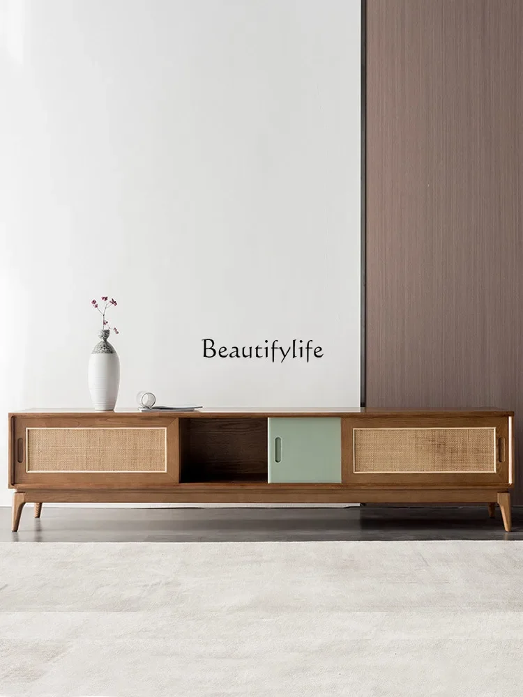 

Rattan Nordic simple solid wood small apartment household living room medieval style TV cabinet