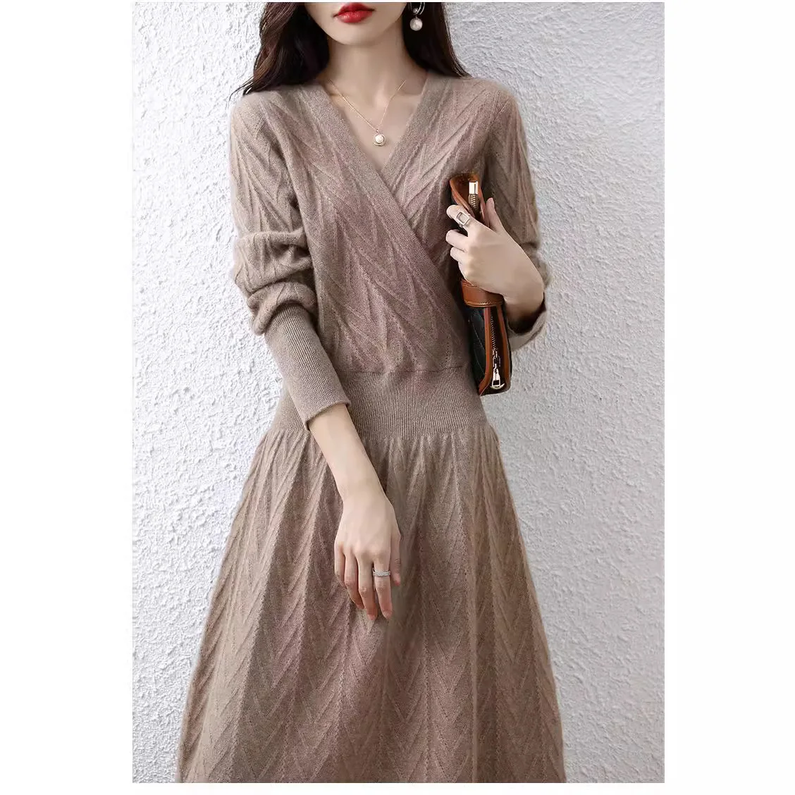 

2024 New Arrivals Knitted Dress Women Cross V-neck Wrapped Chest Autumn Winter Undercoat Over Knee Mid-long Sweater Dress