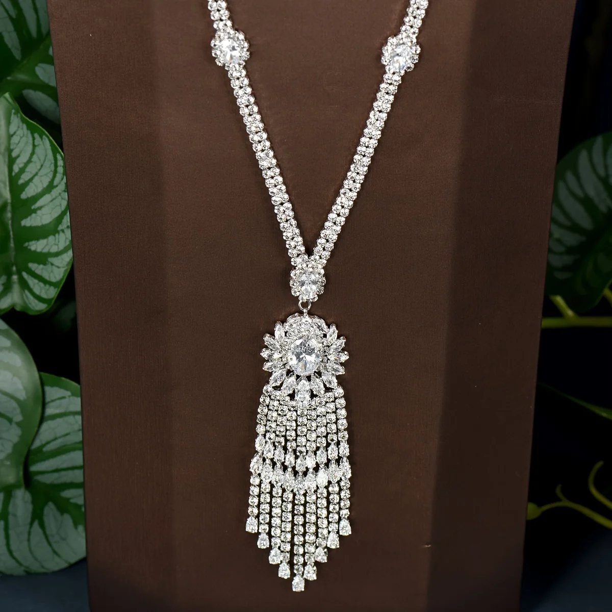 1 set of luxurious and elegant long necklace and earrings with sparkling cubic zirconia sunflower tassel design, suitable for women's daily and party wear 2