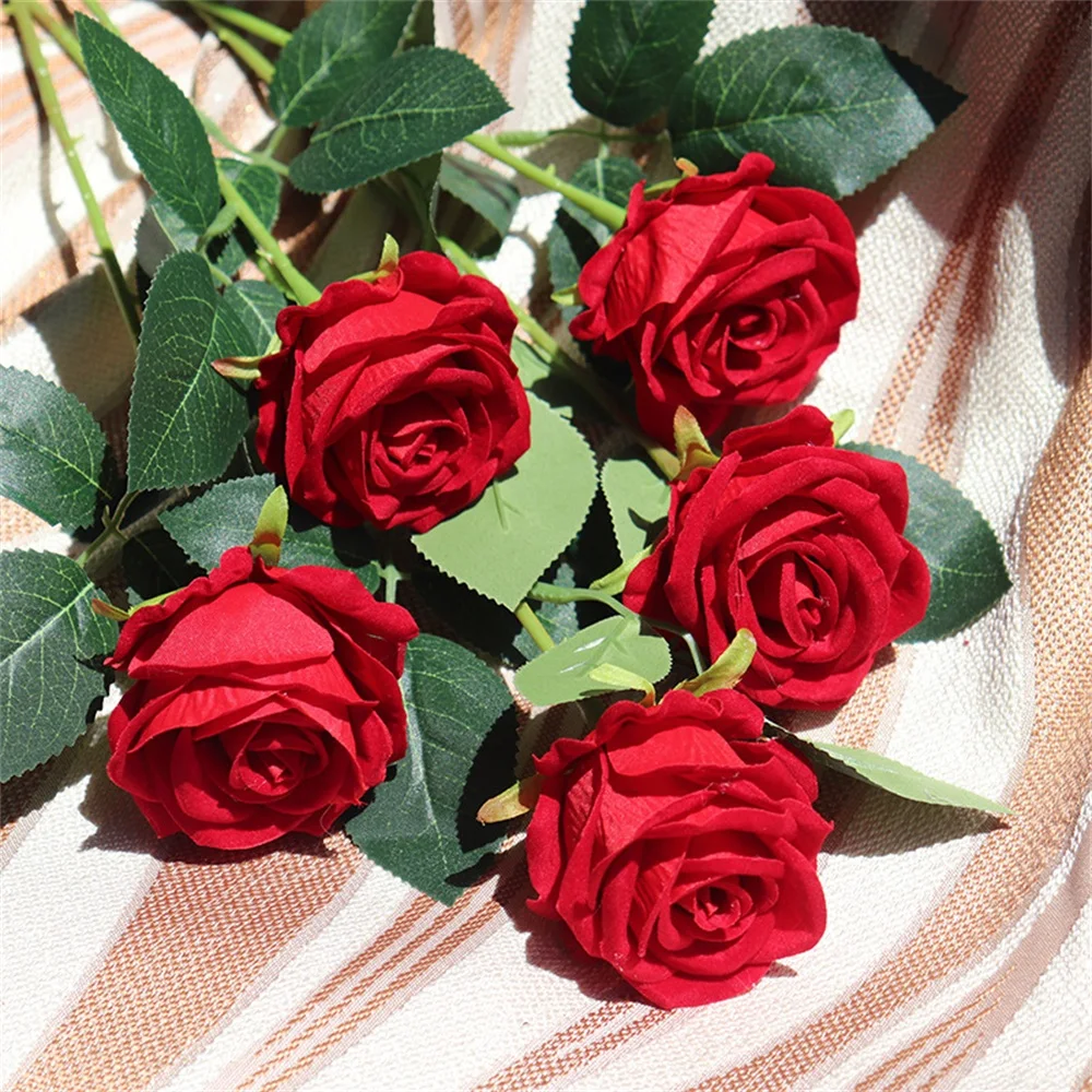 Cute Handmade Artificial Rose Branch Silk Velvet Rose Anniversary Valentines Day Gift Proposal Flower Bouquet Wedding Decoration