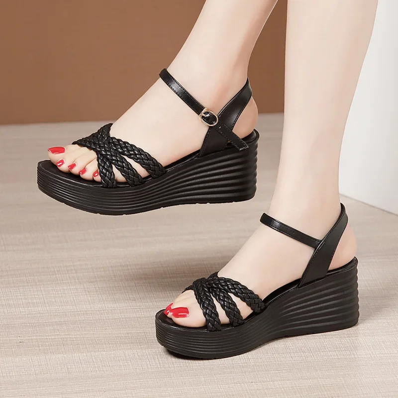 Comfortable 7cm Medium Heels Wedges Shoes Women Summer 2025 Beach Office Mother Knit Platform Sandals Big Size 32-43