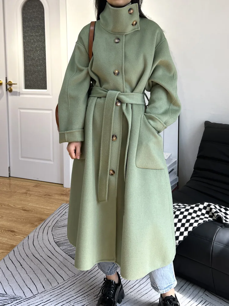 High-end Green Double-sided Wool Cashmere Coat Women Fashion Loose Stand Collar Single Breasted Long Woolen Coat Autumn Winter