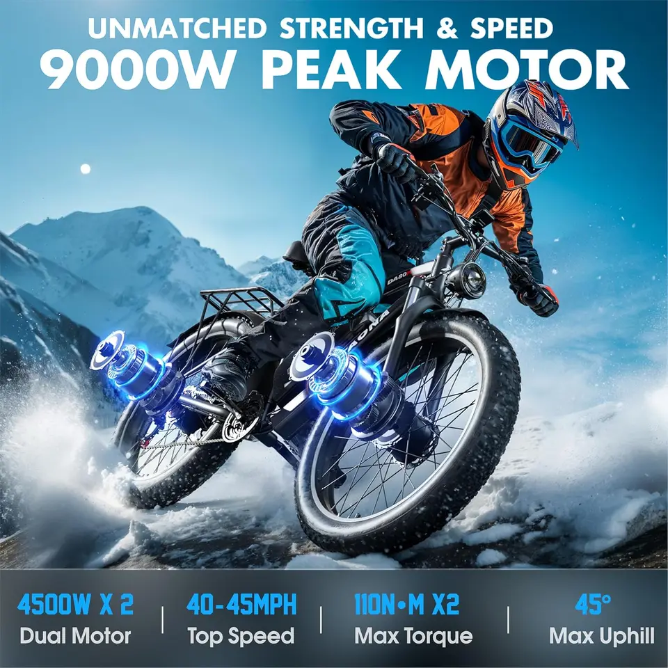 Electric Bike for Adults 9000W Peak Dual Motor Ebike 45MPH Fast E-Bike 58V Peak 32AH Battery Up to 100 Miles 24" Fat Tire Electr image 2