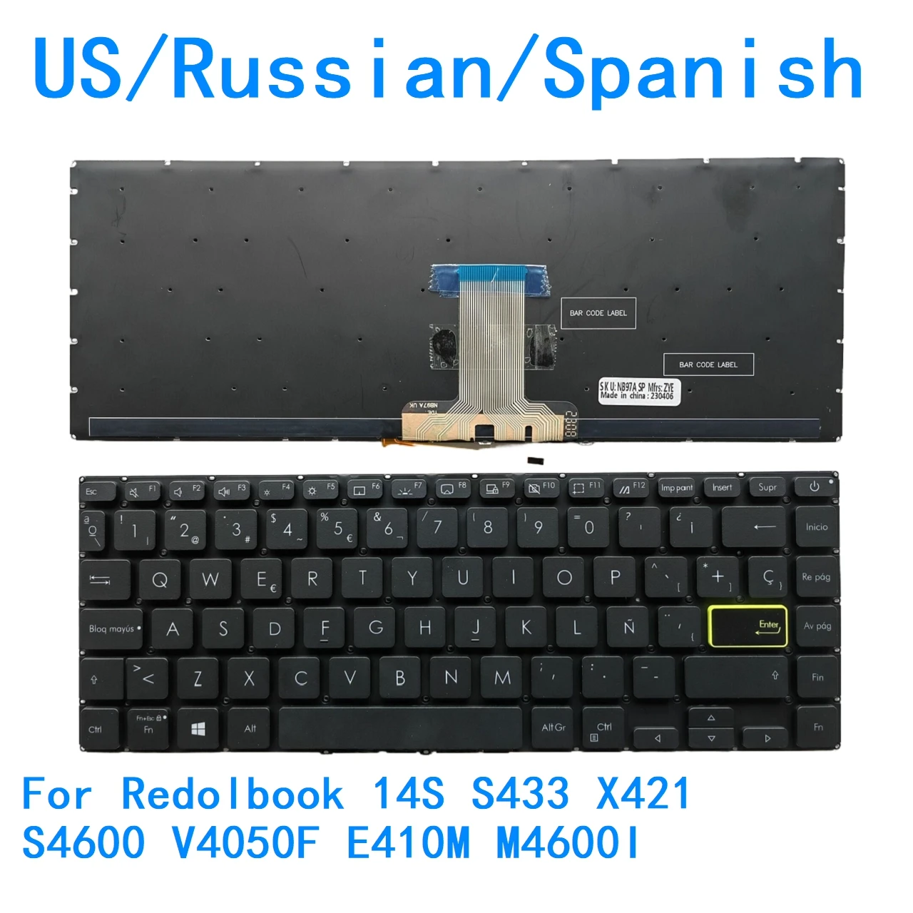 New US Russian Spanish language  Backlit Keyboard For ASUS Redolbook 14S S433 X421 S4600 V4050F E410M M4600I