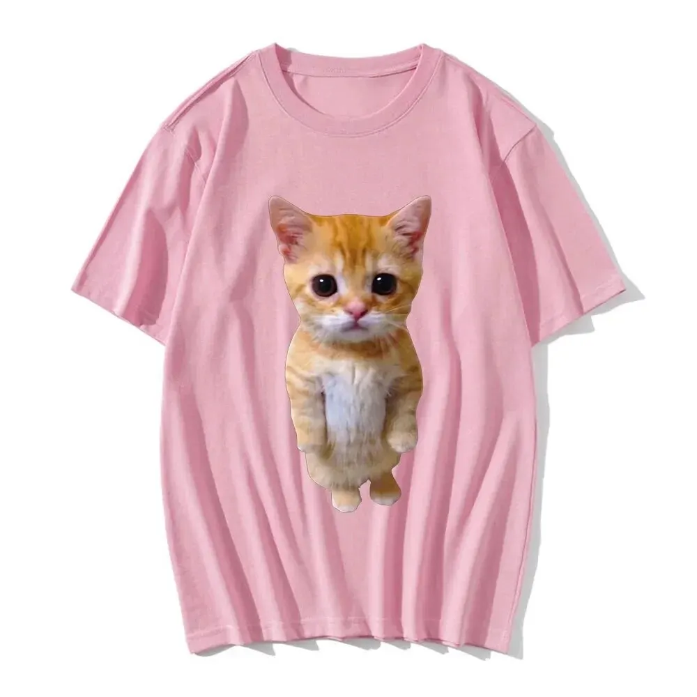 Adorable Big Eyes Tabby Cat Print Short Sleeve T-shirt Summer O Neck Loose Fit Basic Top Kawaii Pet Pattern Youth Street Wear