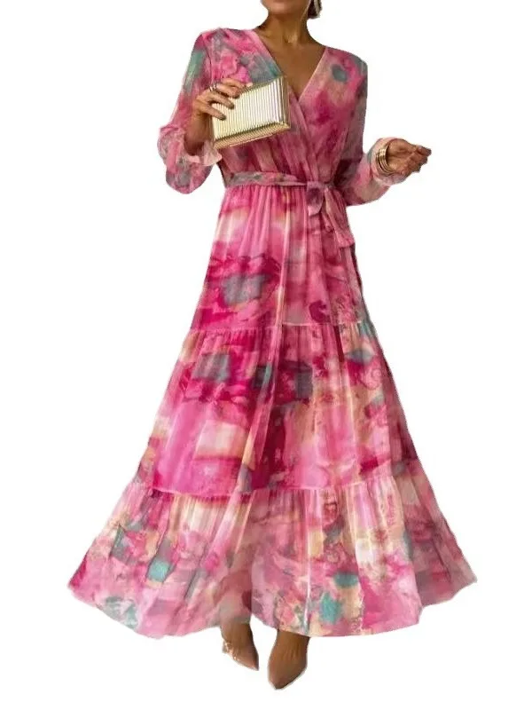 Gran Swing gasa Dr con cinturón largo Sve V-Ne falda acampanada suave del sudeste asiático Sle cintura suelta verano Dr