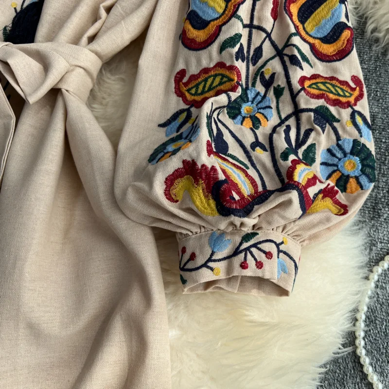 ヴィンテージエスニックランタンスリーブ自由奔放に生きる刺繍ドレス 2025 女性春秋 O ネック A ラインミディドレスコットンリネン Vestidos