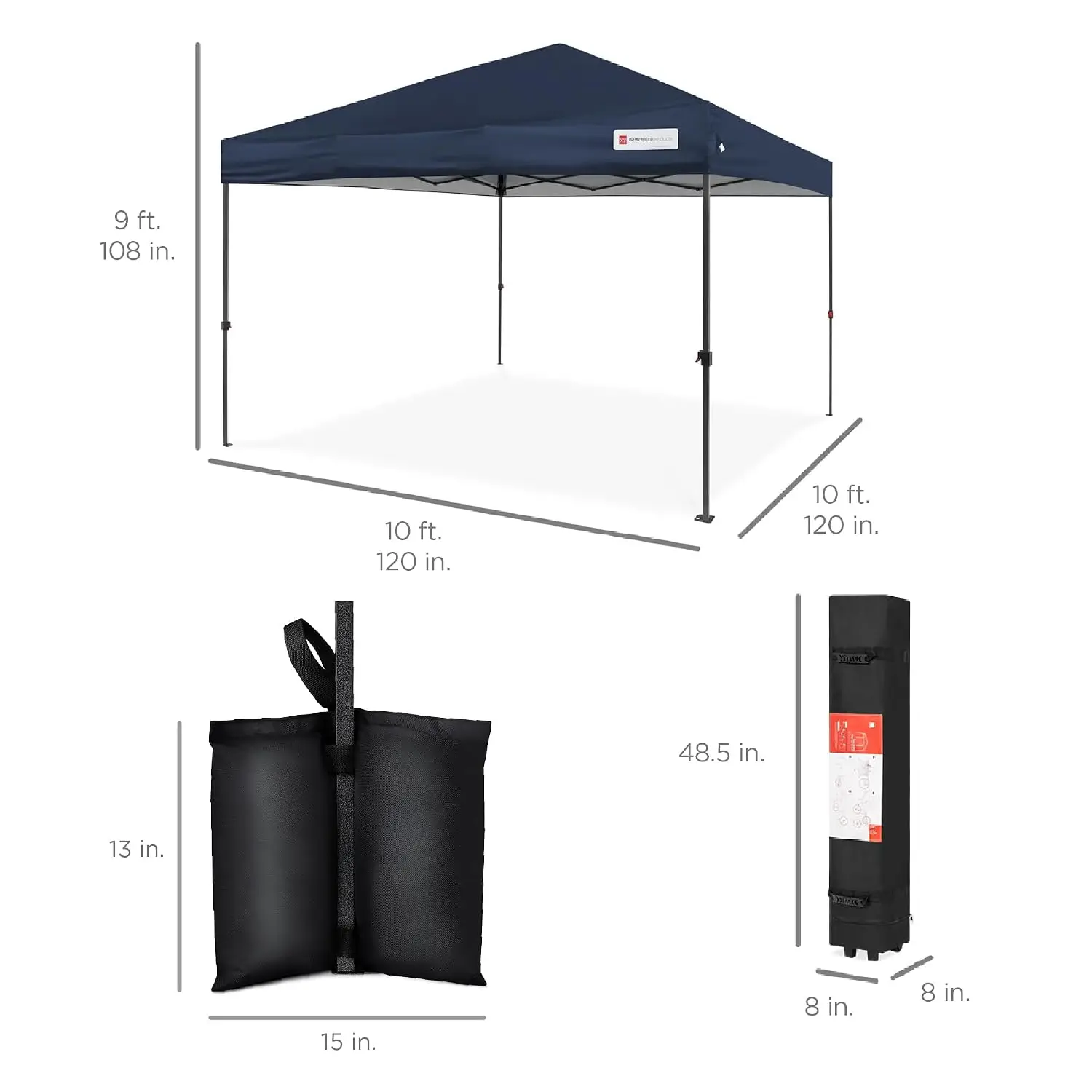 10x10 FT Navy Blue Pop Up Canopy Tent, EZ Setup Portable Outdoor Shelter with Carry Case and 4 Weight Bags for Camping