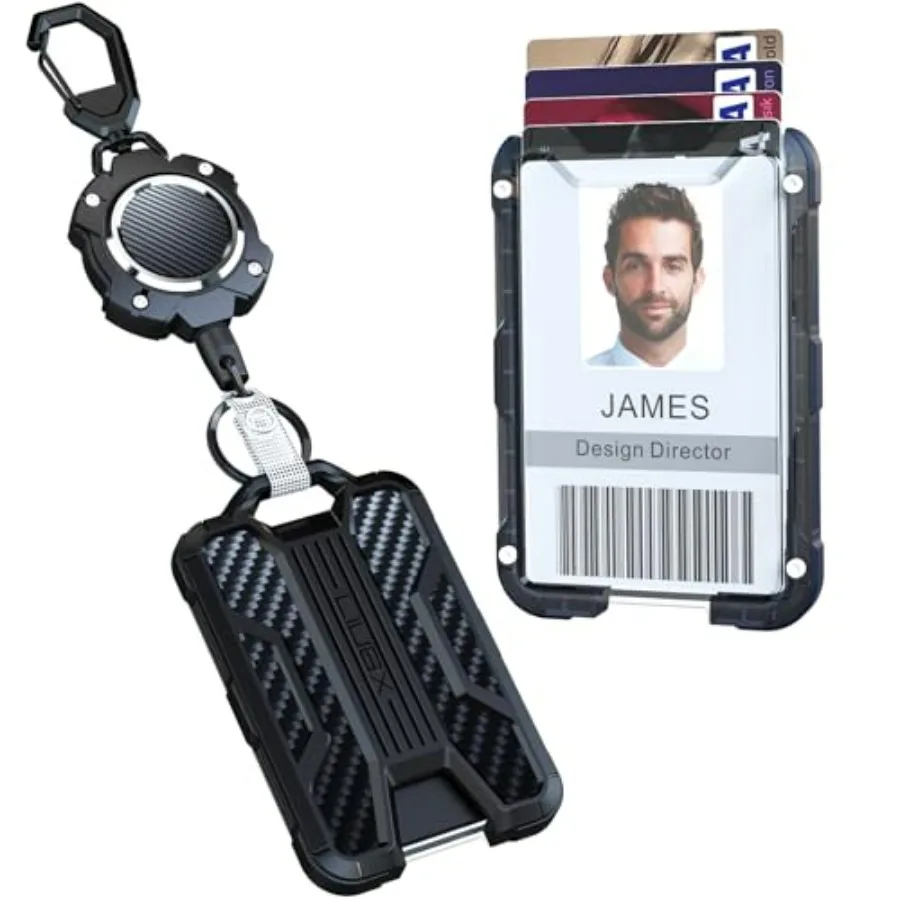 

Retractable Badge Holders, Heavy Duty Carabiner Keychain, Durable ID Card Holder Holds 4 Cards,Carbon Fiber-Texture, with 31.5"