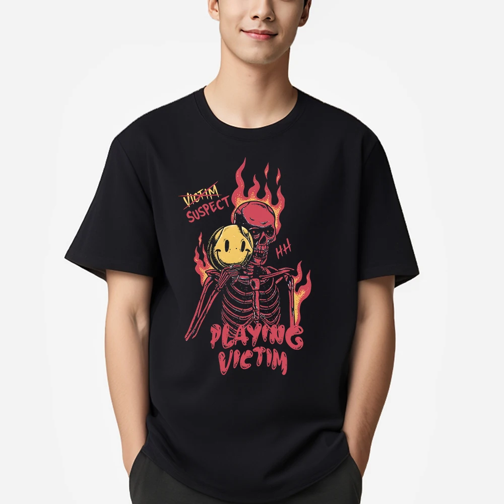 

Playing Victim Flame Skull Print Tee Shirts Man Cotton T Shirt Sport All-Match Clothing Crewneck Loose Mens Short Sleeve