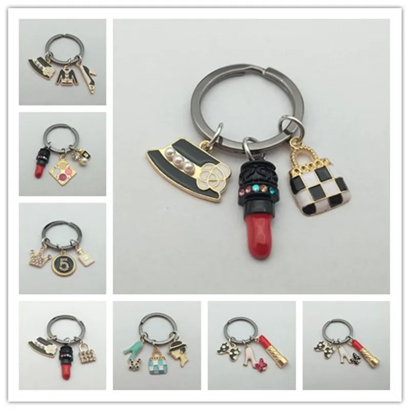 Fashion Enamel Keychain Lipstick Bow High Heels Hat Crown Skirt Key Ring Cute Bag Car Ornament Ladies Girls Jewelry Gifts