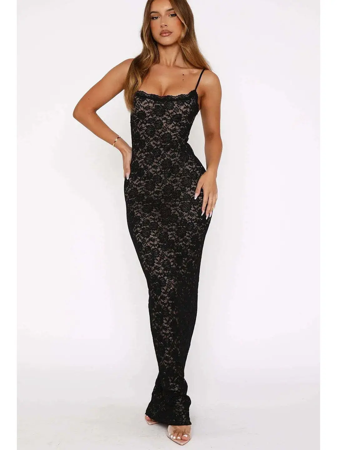 

Spring New Women's Long Sve Lace Splice Slim Fit Maxi Dr High Waist Strapl Gown Pure Color European Sle Faionable