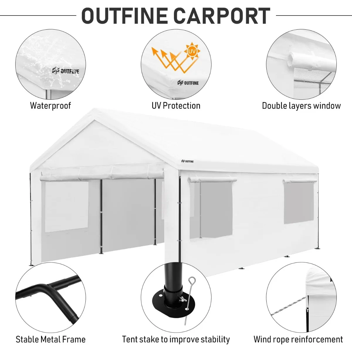 OUTFINE Carport Canopy 12x20 FT Heavy Duty Boat Car Canopy Garage with Removable Sidewalls and Roll-up Ventilated Windows