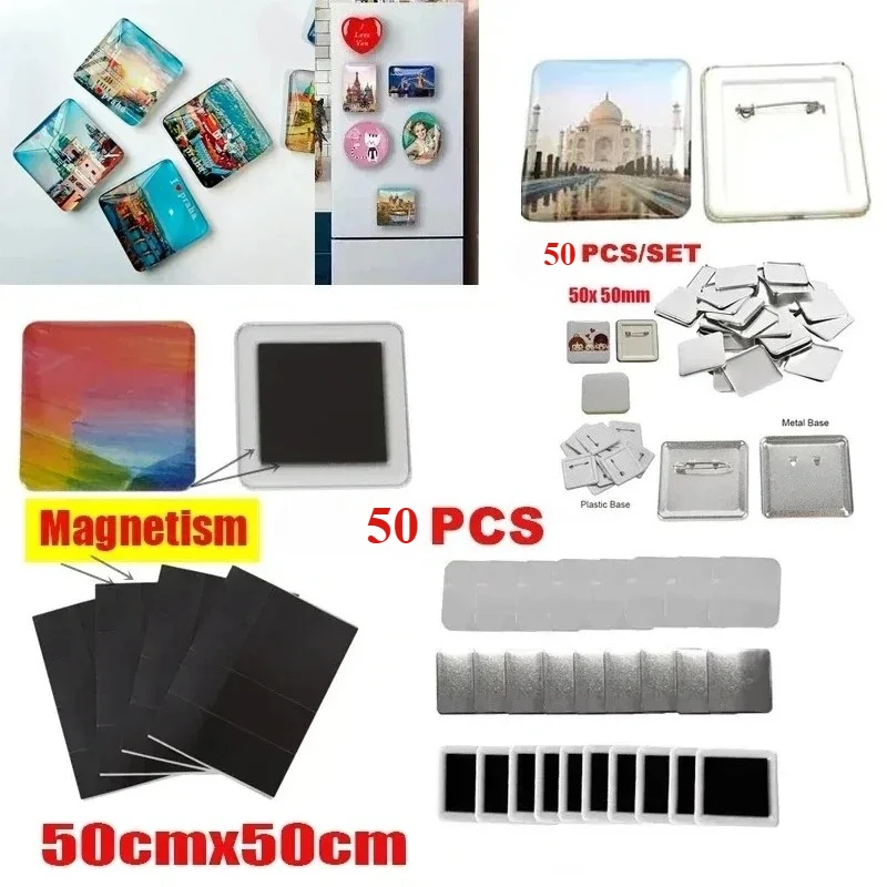 50枚入り正方形プラスチックシートバッジ-50x50mm-冷蔵庫マグネット-バッジピン-消耗品-バッジマシン-diy-無地素材-アクセサリー