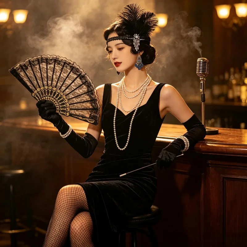 8PCS 1920s Great Gatsby Accessories Roaring Flapper Costumes Headband Pearl Necklace Gloves Cigarette Holder Anime Earring Set