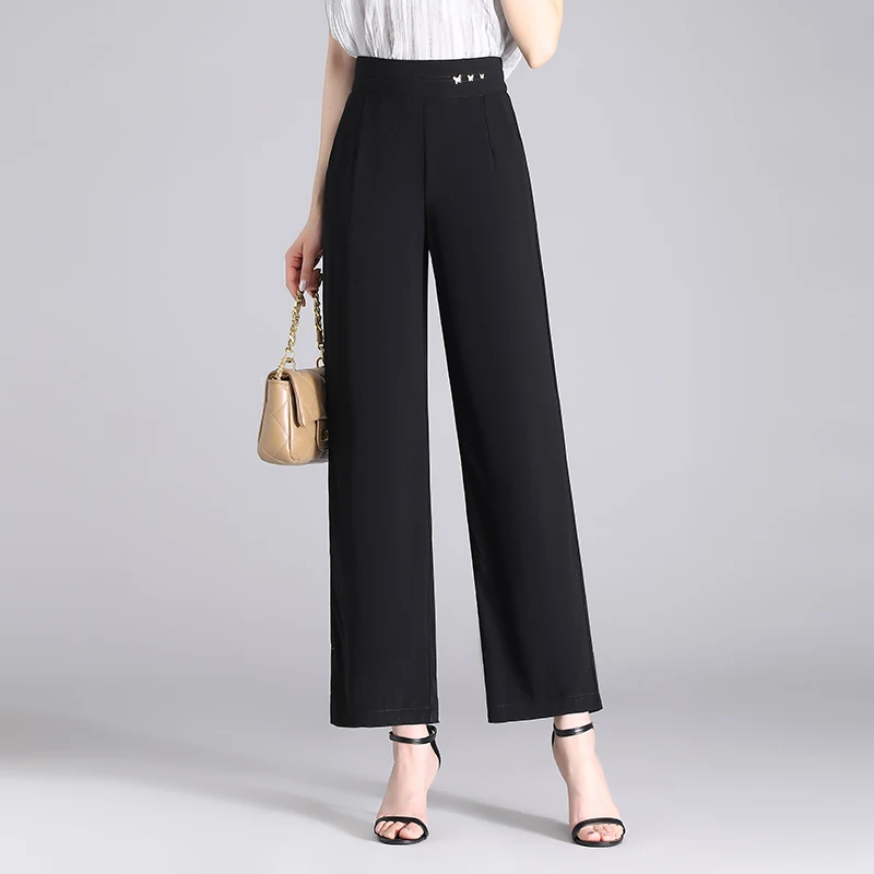 ZUZK Women Black New Chiffon Pants Summer Thin Elastic Waist Straight Pants Chic Droop Trousers Nine Point Pants
