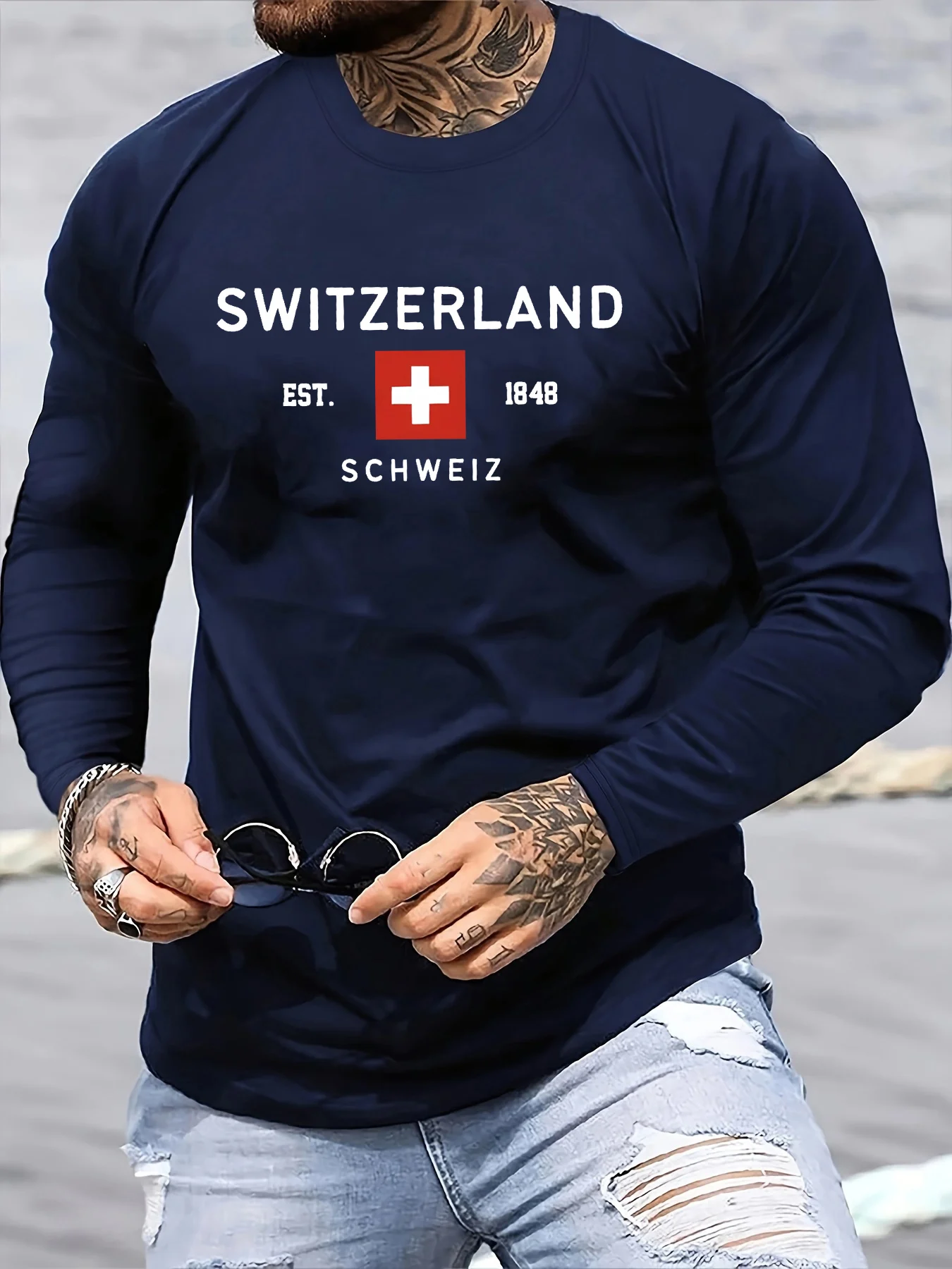 100% Pure Cotton Men's Long Sleeved Round Neck Loose Switzerland Pattern Printed Spring and Autumn Casual Versatile T-Shirt Top gallery 3