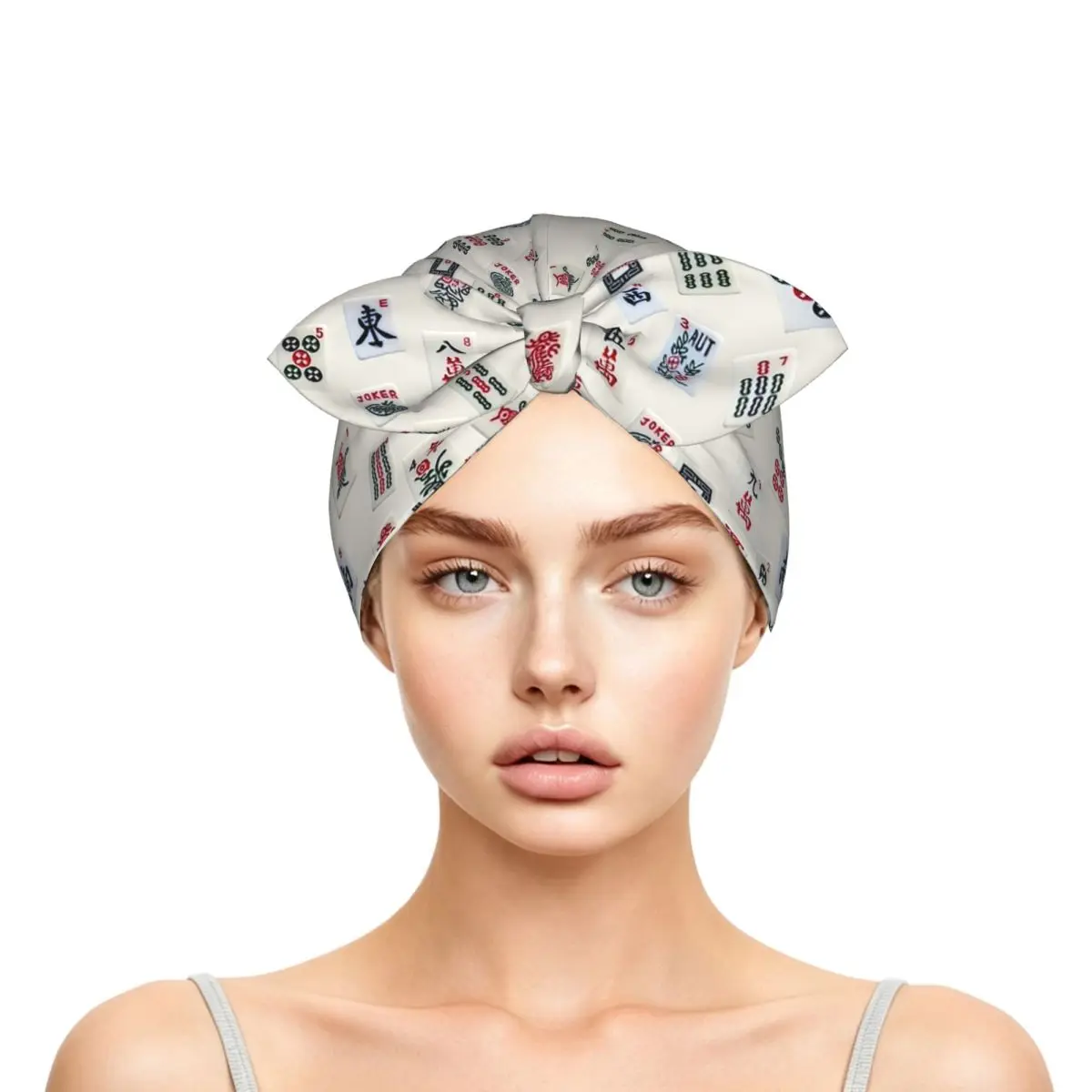 Mahjong Game Tiles Design Sleep Bonnet Double Layer with Adjustable Bow, Reversible Hair Cap for Curly Braids Hair