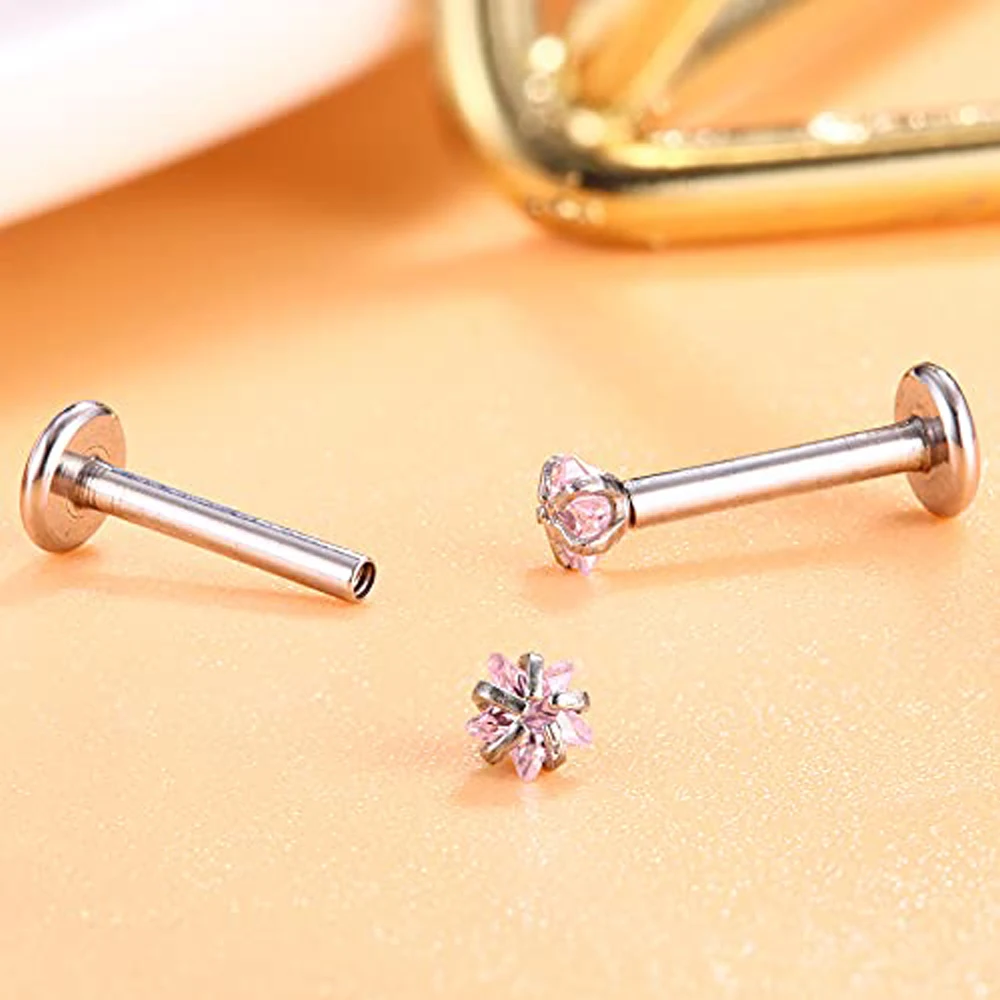 16G Stud Lip Rings Piercing Stainless Steel CZ Cartilage Tragus Piercing Jewelry Forward Helix Earrings Nose 6/8/10mm Pink